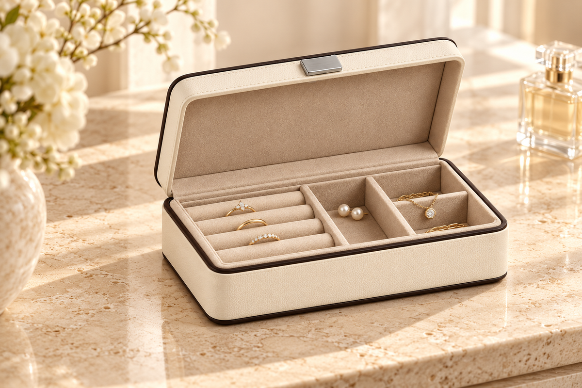 Ivory jewelry box arranged on a warm vanity