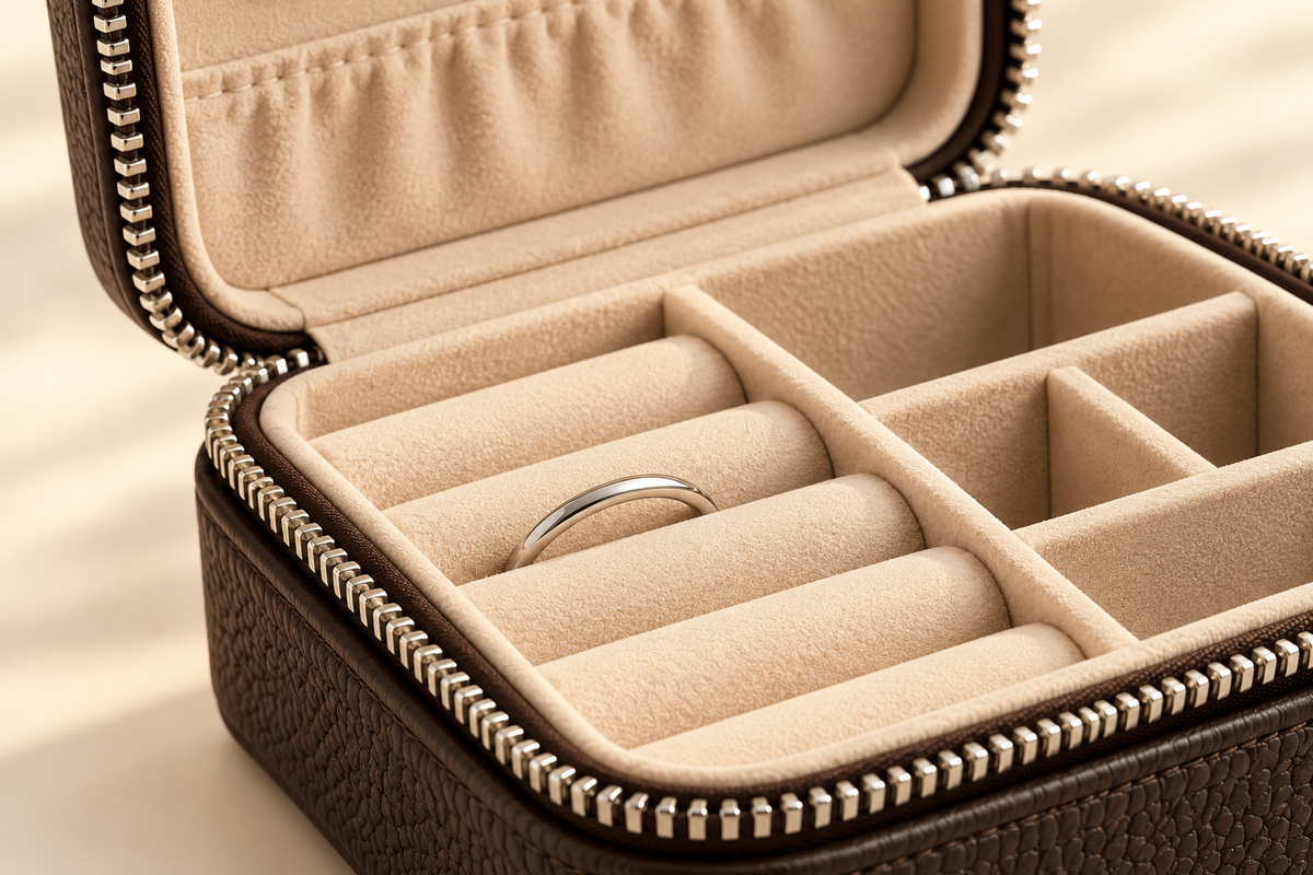 Close-up of an OZELV jewelry case zipper and ring compartments